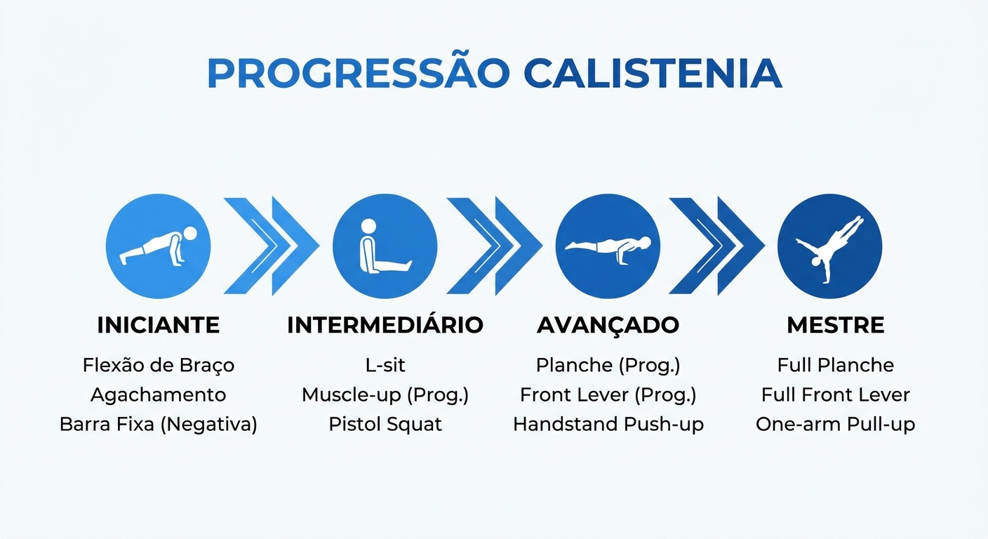 Níveis de progressão na Calistenia: do iniciante ao avançado Infográfico com níveis de progressão na calistenia do iniciante ao avançado mostrando evolução gradual