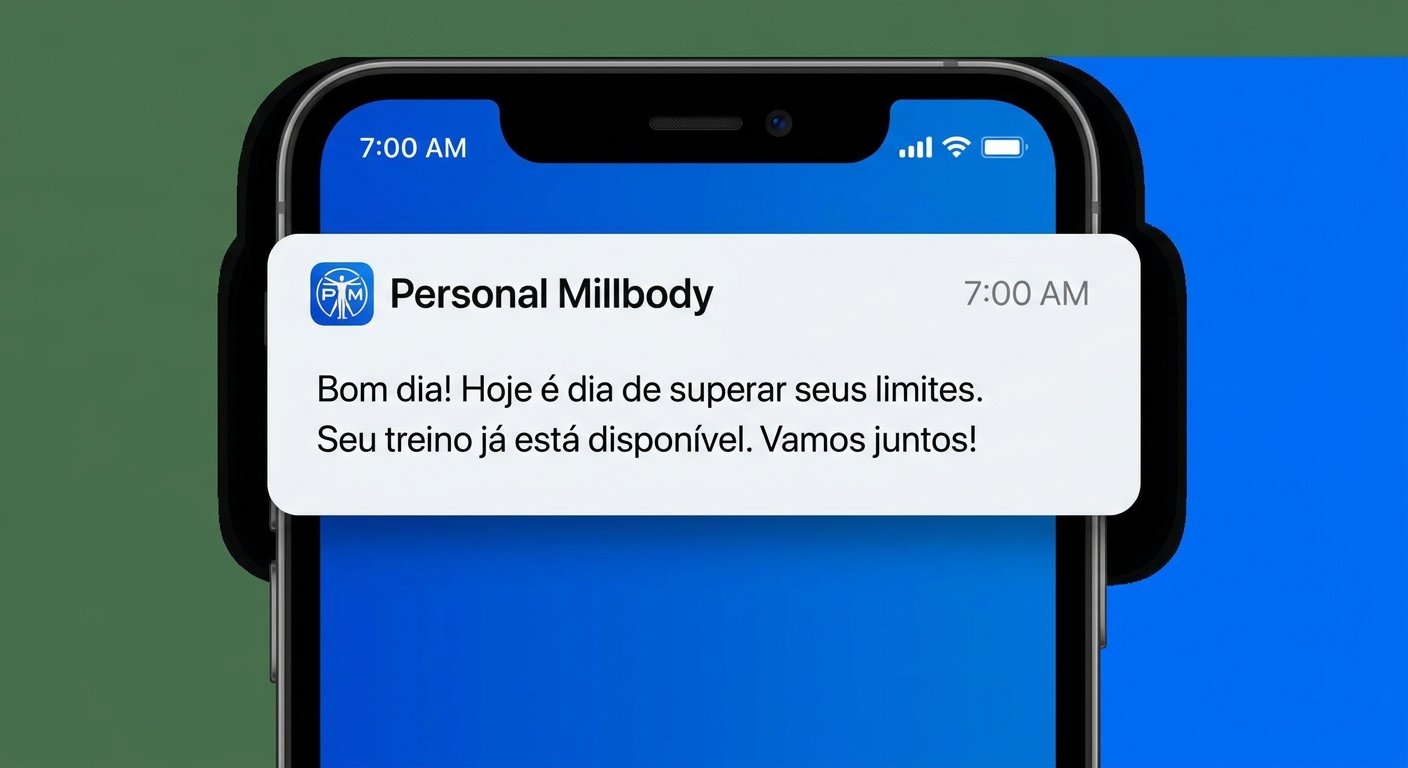 Notificação push motivacional de personal trainer para aluno via aplicativo Personal Millbody