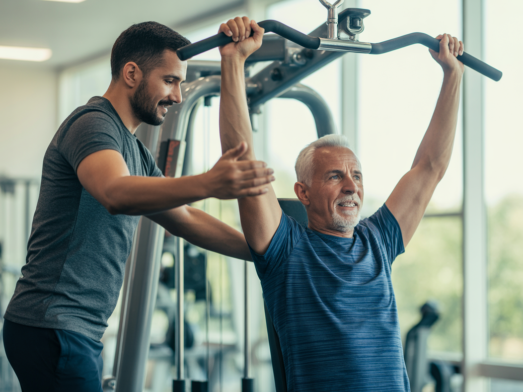 Personal trainer auxiliando um idoso em uma máquina de desenvolvimento de ombros, demonstrando a segurança e a técnica correta para o treino de ombro em máquinas para idosos.