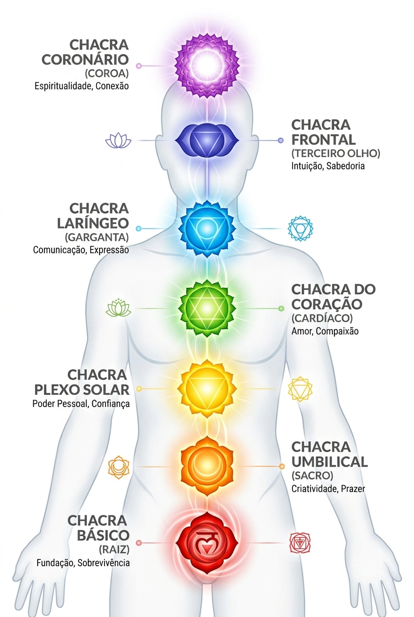 Infográfico educativo dos 7 chakras do corpo humano com cores vibrantes e descrição em português