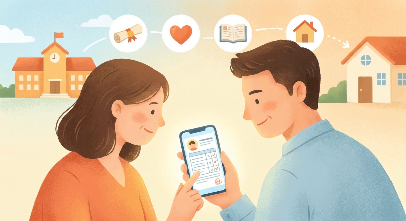 Ilustração de pais recebendo relatório de desempenho do filho no celular, conexão escola-família através da tecnologia Millbody