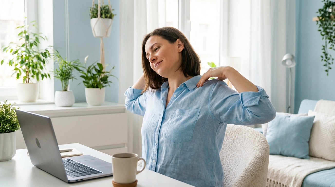 Profissional realizando pausa ativa com alongamento de pescoço na cadeira do home office