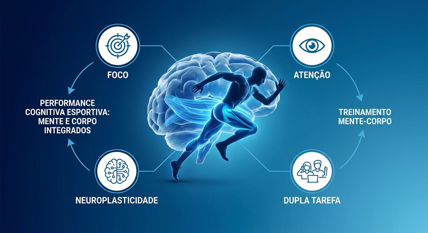 Infográfico sobre performance cognitiva esportiva mostrando cérebro e músculos integrados com ícones de foco, atenção e neuroplasticidade