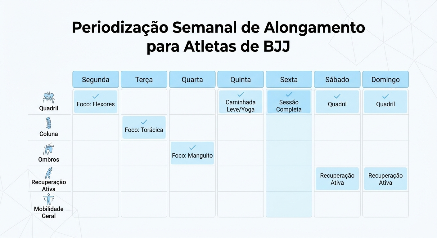 Tabela de periodização semanal de alongamento para BJJ com foco em quadril coluna ombros e recuperação