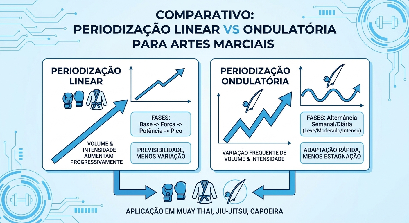 Infográfico comparando periodização linear vs ondulatória para Muay Thai, Jiu-Jitsu e Capoeira