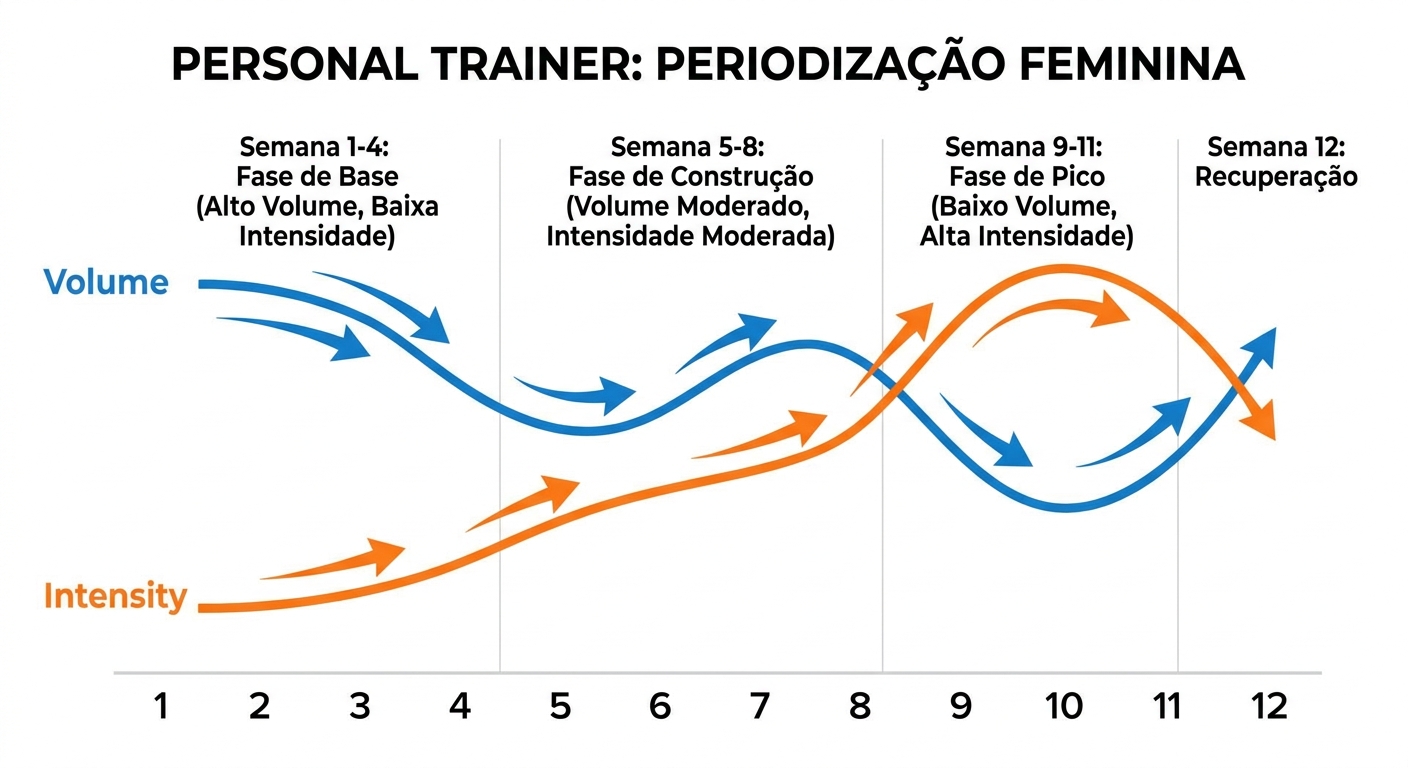 Periodização treino feminino - gráfico de volume e intensidade ao longo das fases do ciclo