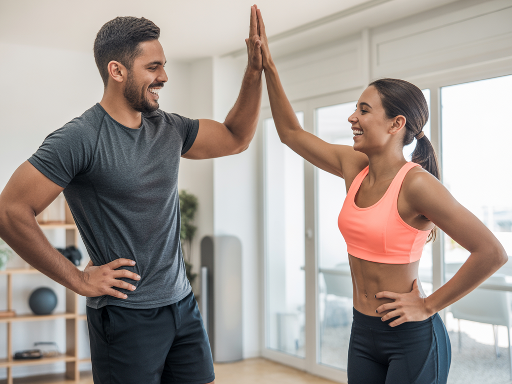 Personal trainer e aluno comemorando resultados após o treino em casa, um gesto de agradecimento.