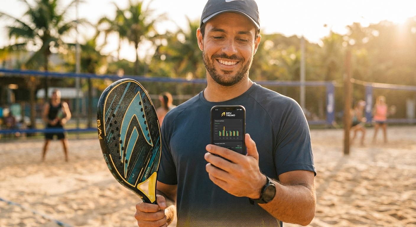 Personal trainer de beach tennis usando tecnologia para gerenciar alunos pelo celular na quadra