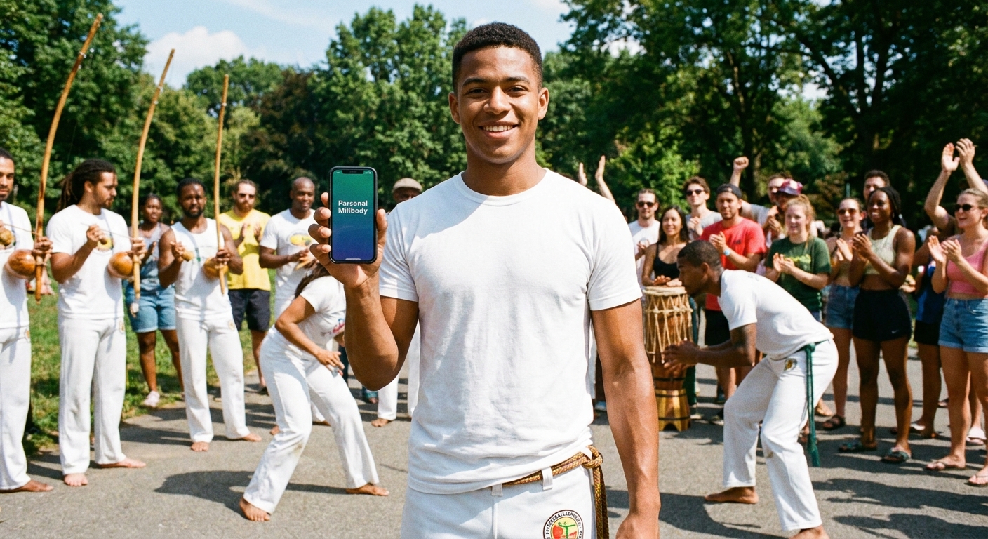 Personal trainer de capoeira sorrindo usando o aplicativo Personal Millbody no smartphone