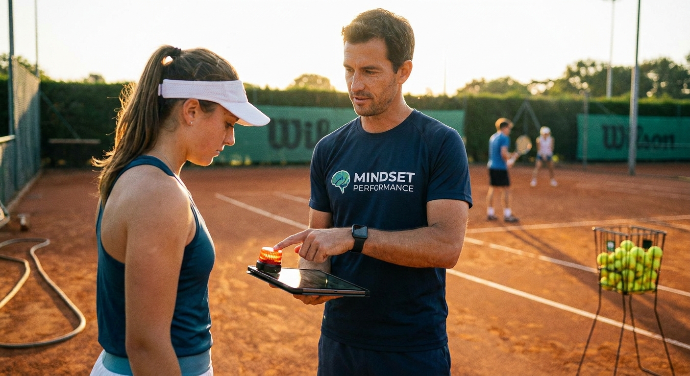 Coach de performance cognitiva demonstrando exercício de foco e concentração em quadra de tênis