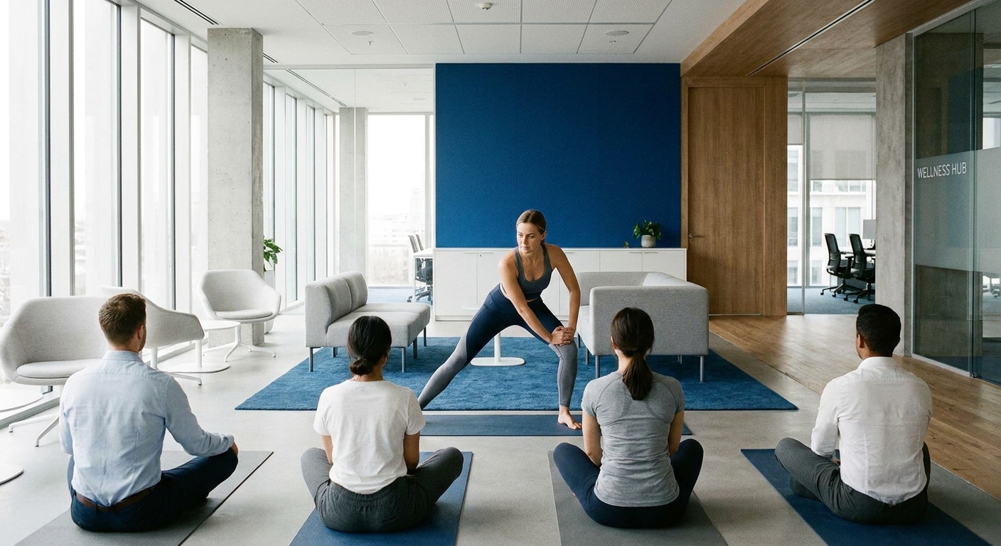 Personal trainer feminina conduzindo sessão de bem-estar corporativo em escritório moderno