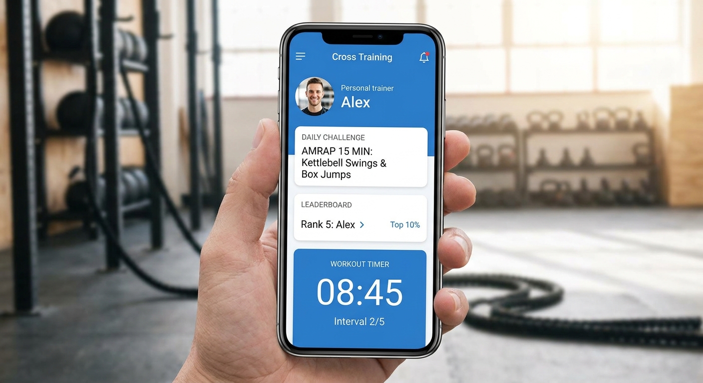 Smartphone exibindo app personalizado de Cross Training com desafios diários e leaderboard