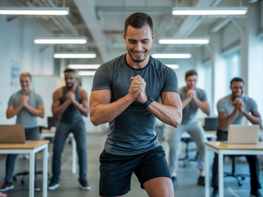 Personal trainer aplicando um programa de Personal CrossFit Corporativo em ambiente de escritório com funcionários engajados