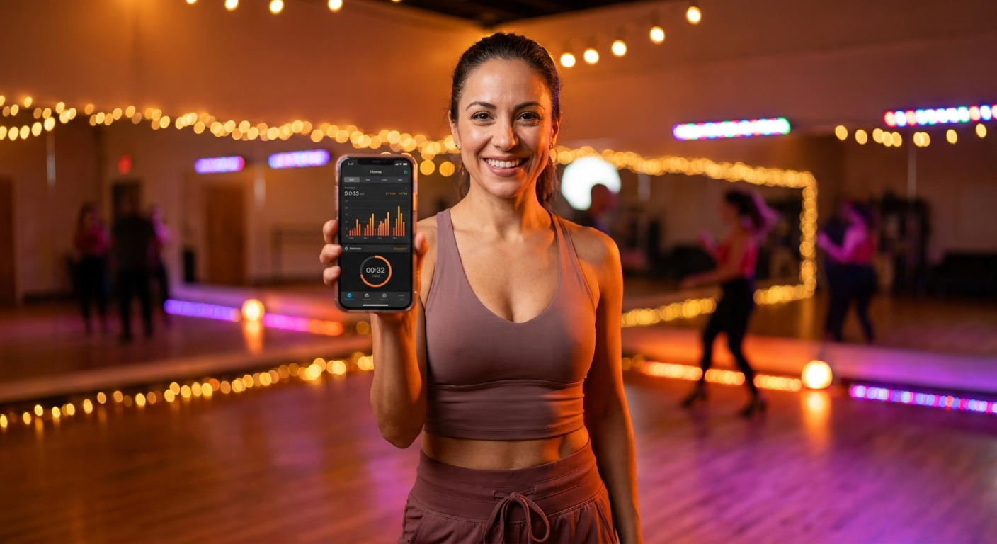 Professor de dança latina sorrindo enquanto segura smartphone com o app Personal Millbody em um estúdio com luzes coloridas