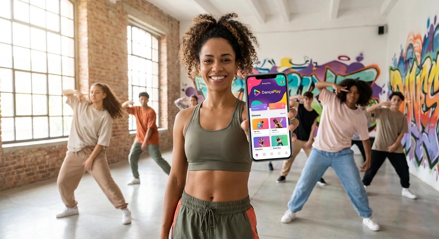 Personal trainer de dança urbana usando aplicativo Millbody com alunos ao fundo