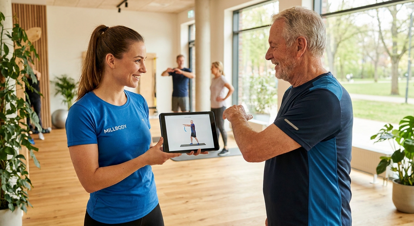 Personal trainer utilizando app para personal trainer para orientar aluno idoso em exercícios de mobilidade articular