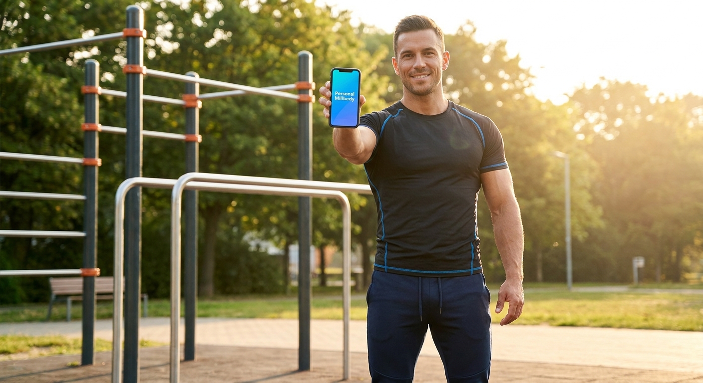 Instrutor de calistenia usando aplicativo personalizado Personal Millbody para treino com peso corporal