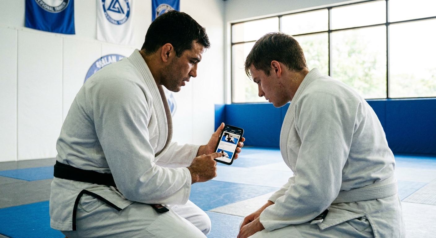 Personal trainer de Jiu-Jitsu com app Personal Millbody Personal trainer de Jiu-Jitsu usando aplicativo para personal trainer Personal Millbody com aluno no tatame