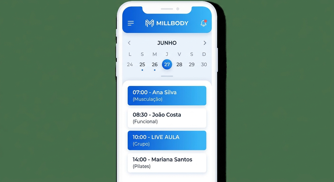 Aplicativo para personal trainer com agenda digital, horários de aula e nomes de alunos, interface Personal Millbody