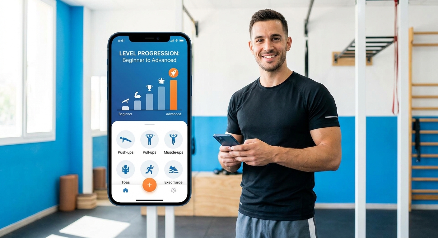 App Personal Millbody para instrutor de calistenia mostrando progressão por níveis de treino