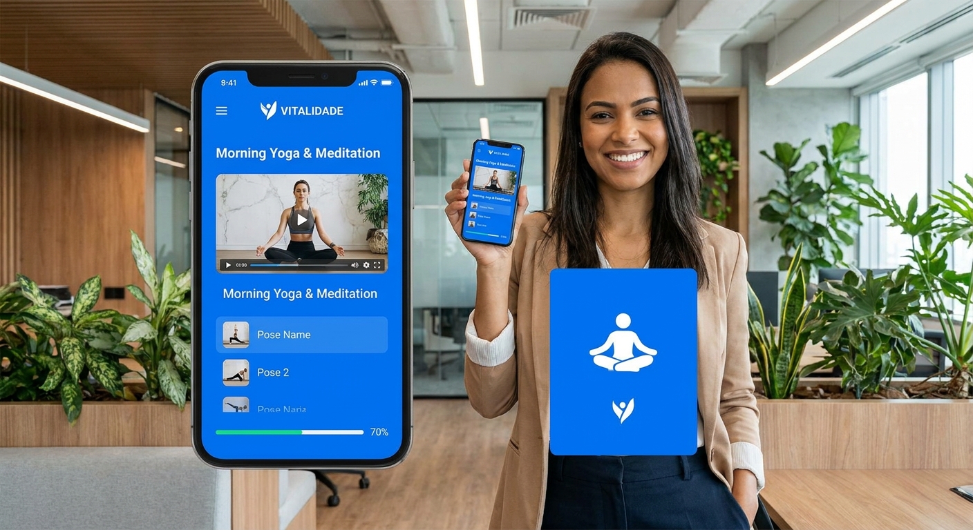 App para personal trainer corporativo sendo usado por profissional de bem-estar em ambiente corporativo