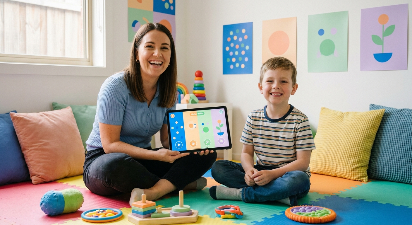 App para personal trainer com crianças autistas: educadora feliz usando o Personal Millbody em atividade lúdica de coordenação motora