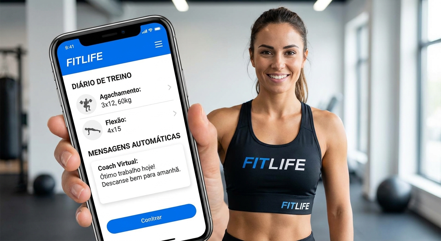Aplicativo Personal Millbody mostrando diário de treino e mensagens automáticas para alunos de mentalidade fitness