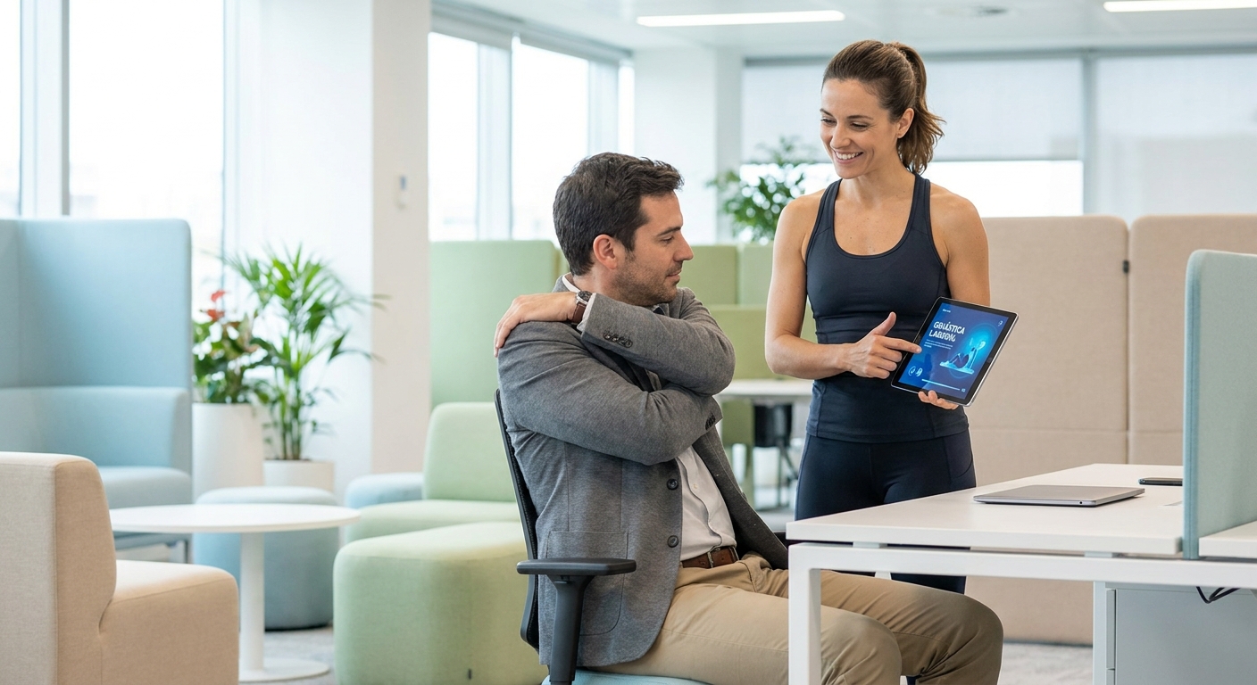 Professor de Pilates usando app Personal Millbody para ginástica laboral com sequências de mobilidade e níveis de dificuldade
