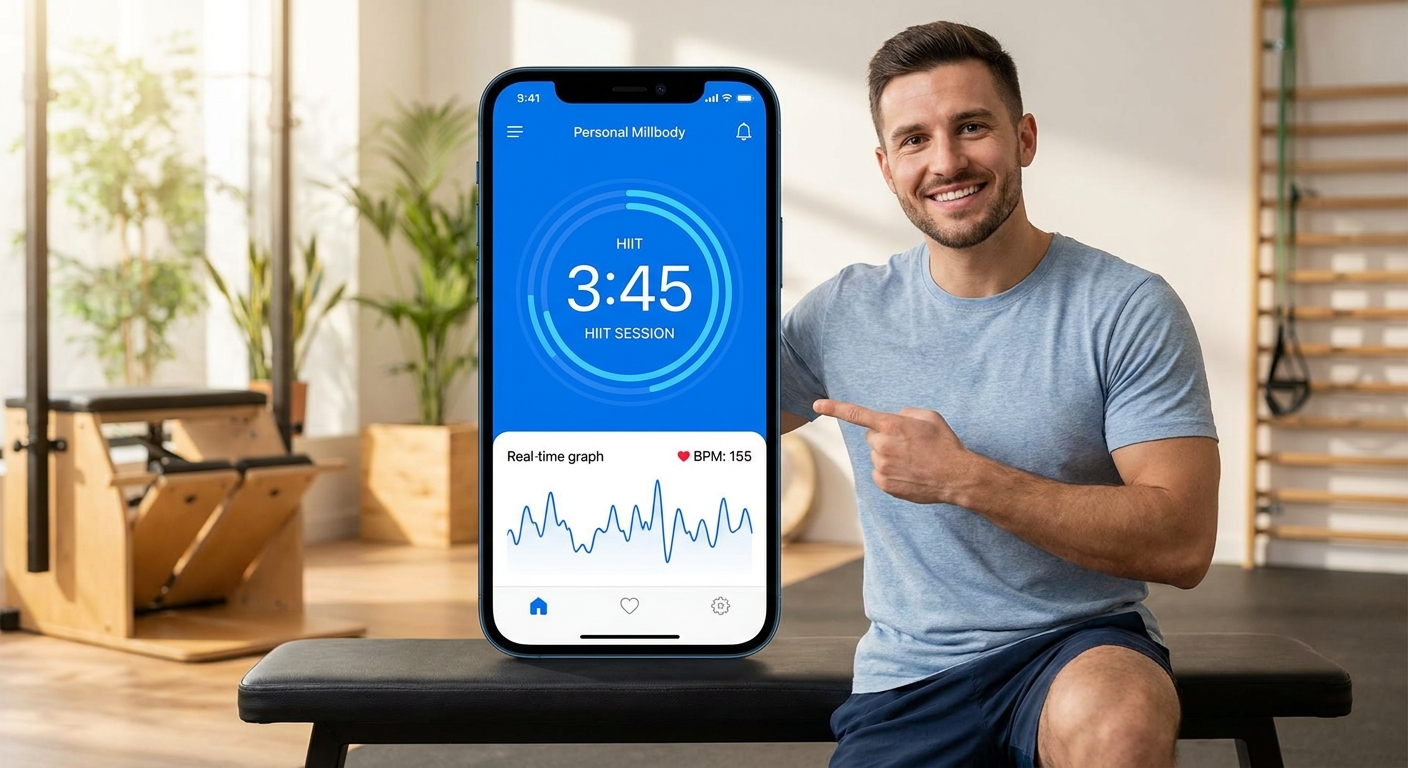 App Personal Millbody com cronômetro HIIT e batimento cardíaco na tela do smartphone, personal trainer ao lado sorrindo