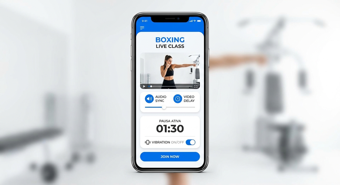 App Personal Millbody — Sincronização Áudio e Vídeo para Boxe Meditação em Movimento Interface do aplicativo Personal Millbody mostrando controle de áudio e vídeo sincronizado para aulas de boxe e meditação em movimento