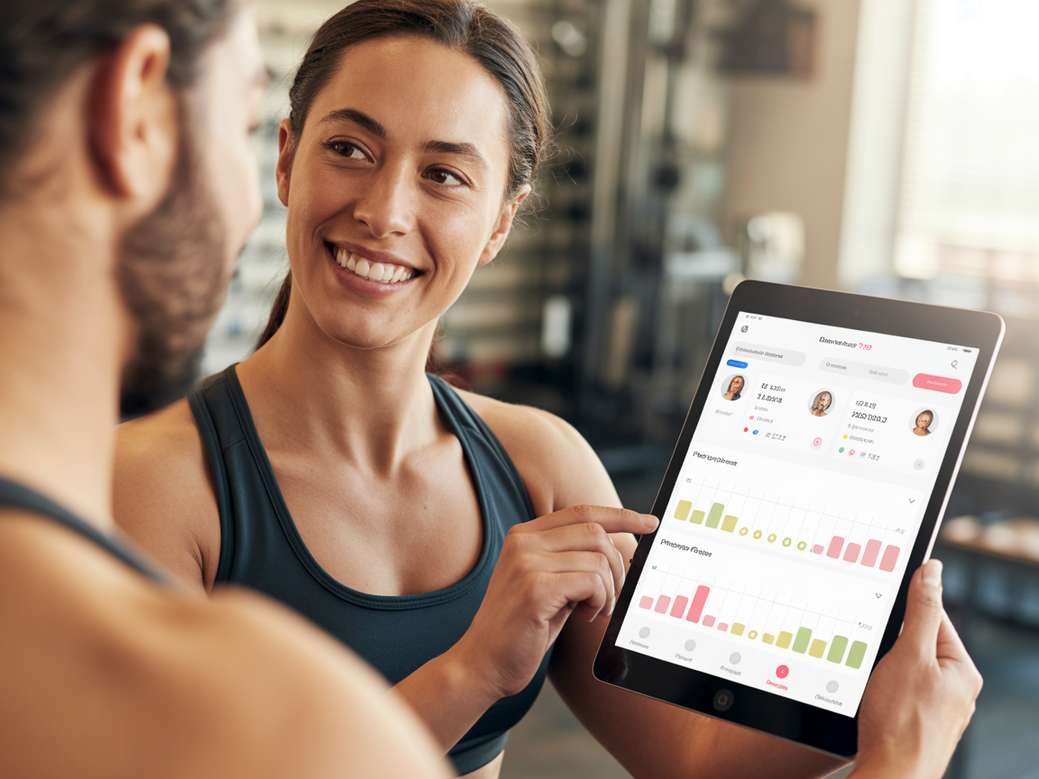 Personal trainer sorrindo ao usar um tablet com a interface do aplicativo Personal Millbody, mostrando perfis de clientes e gráficos de progresso de treino.