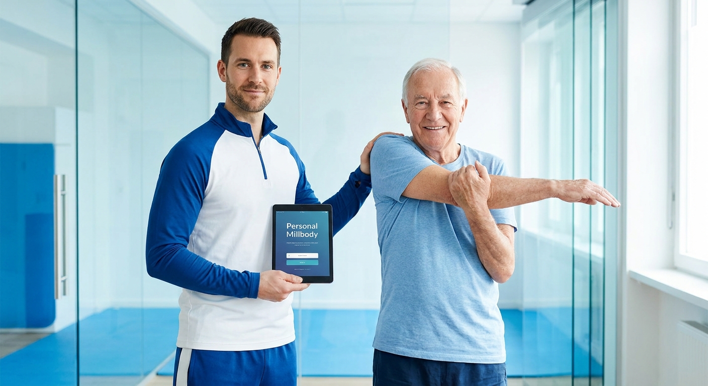 Personal trainer usando app personal trainer para ensinar alongamento a um aluno idoso