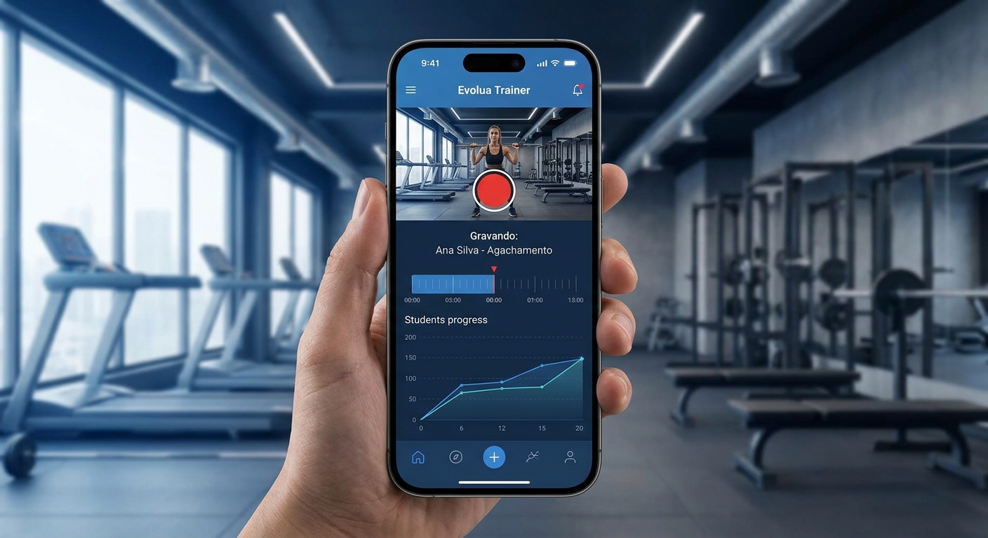 Personal Millbody app com registro em vídeo para personal trainer Mockup do aplicativo Personal Millbody mostrando funcionalidade de registro em vídeo para evolução de treinos de calistenia