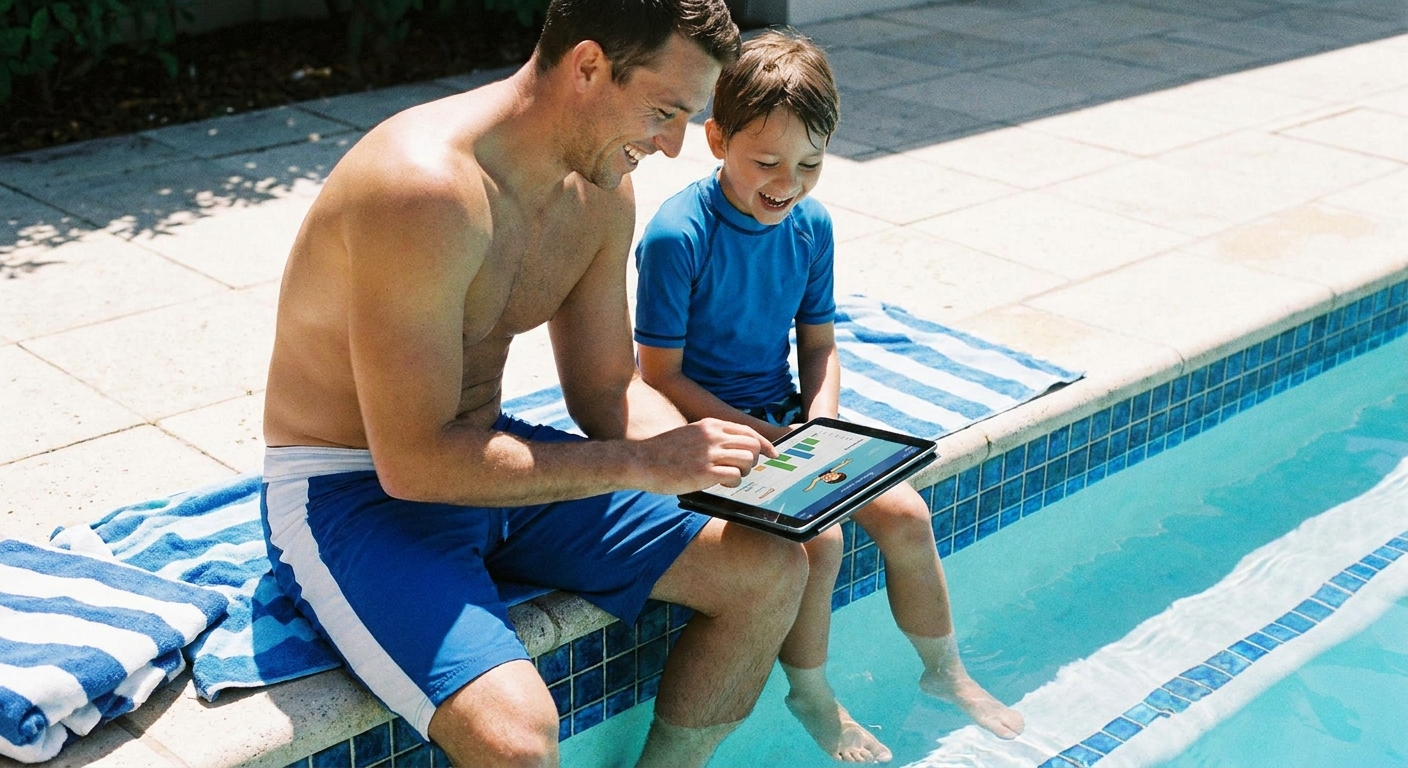 Personal trainer usando app Millbody para treino lúdico de natação infantil autismo
