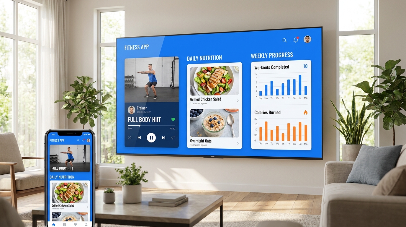 App para TV personal trainer do Personal Millbody com treinos na tela da sala