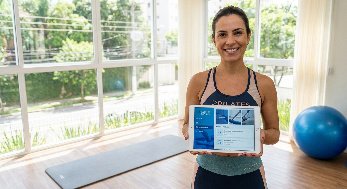 Professora de Pilates usando o app Personal Millbody para criar sequências guiadas de exercícios