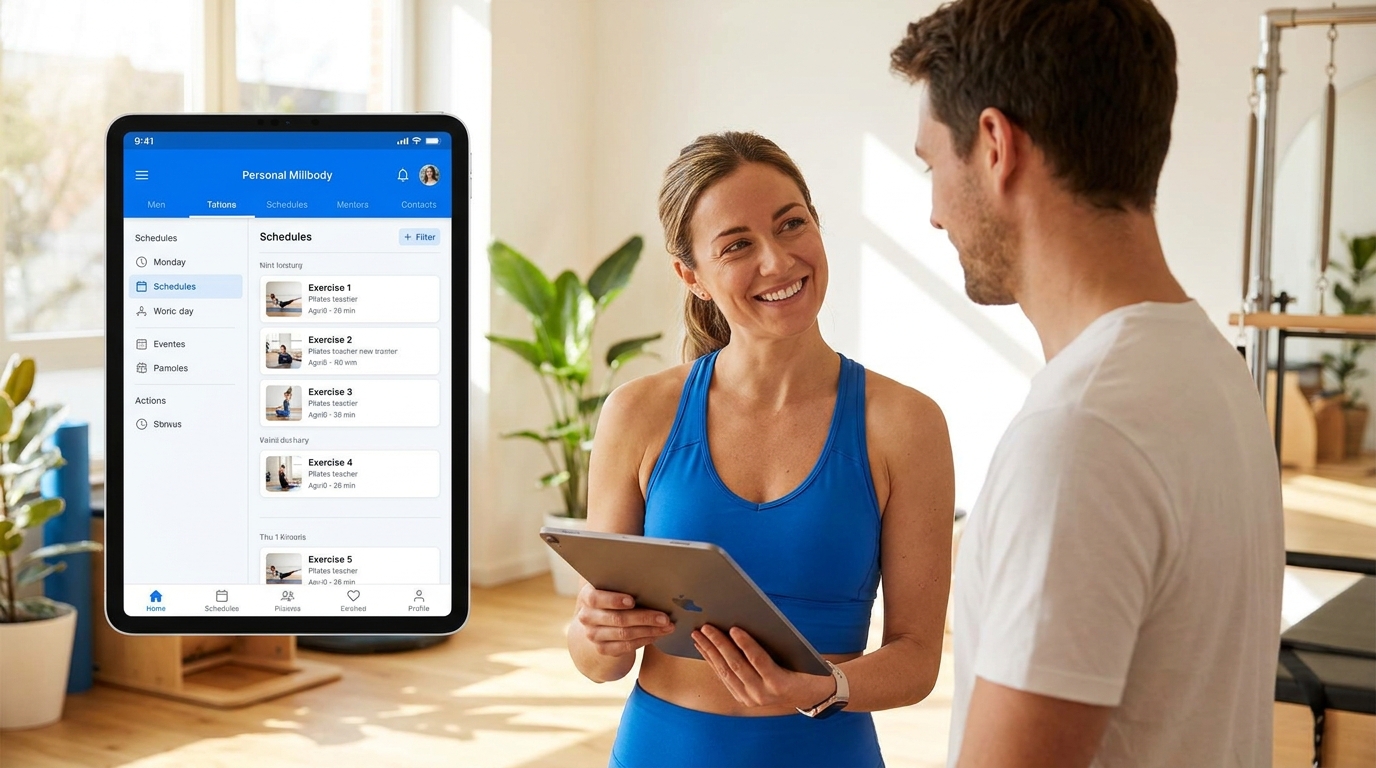 Aplicativo para personal trainer Personal Millbody sendo usado por professora de Pilates ao lado de aluno em estúdio
