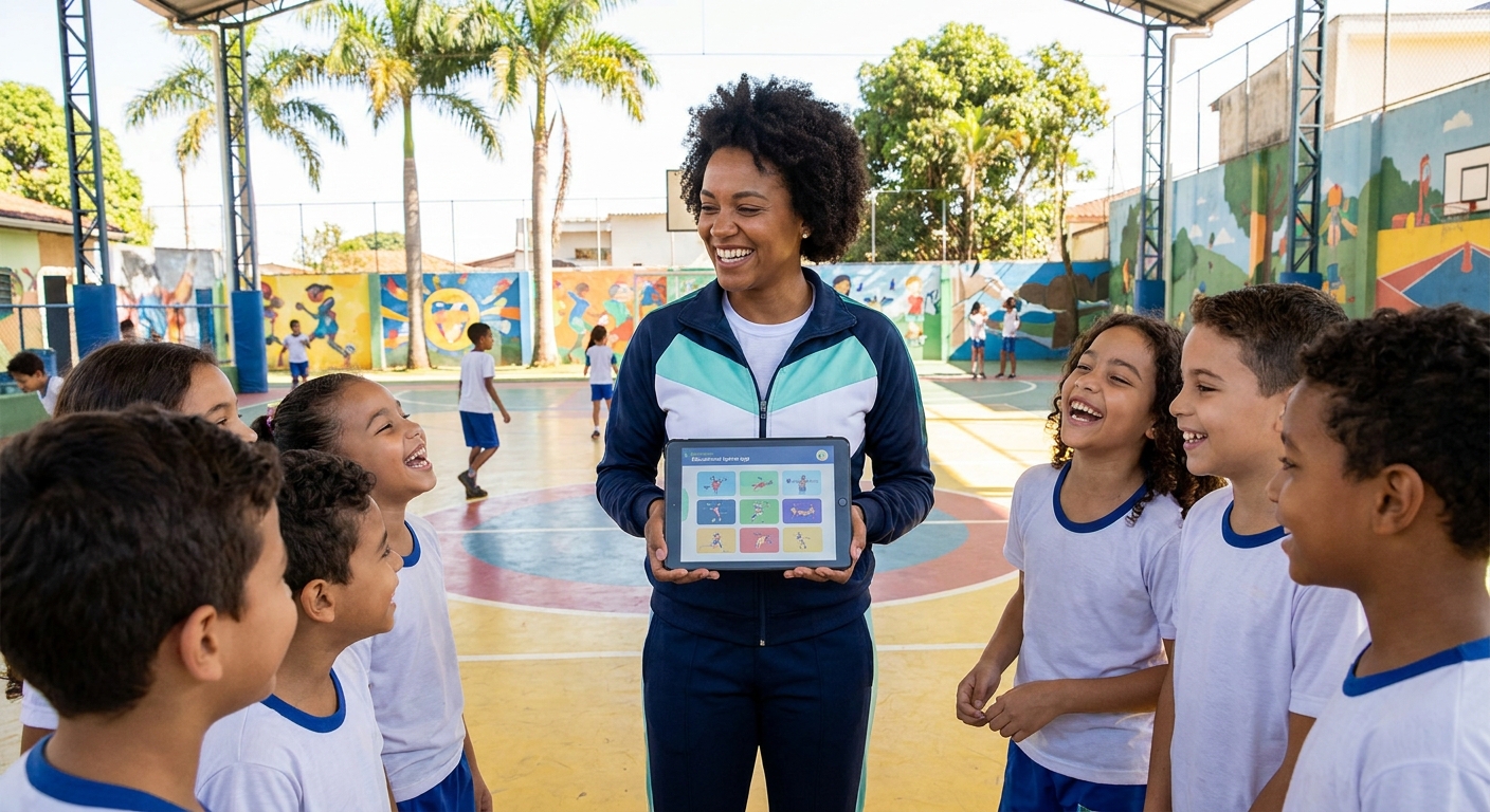 Professor de educação física usando app Personal Millbody com alunos – modernidade e conexão.