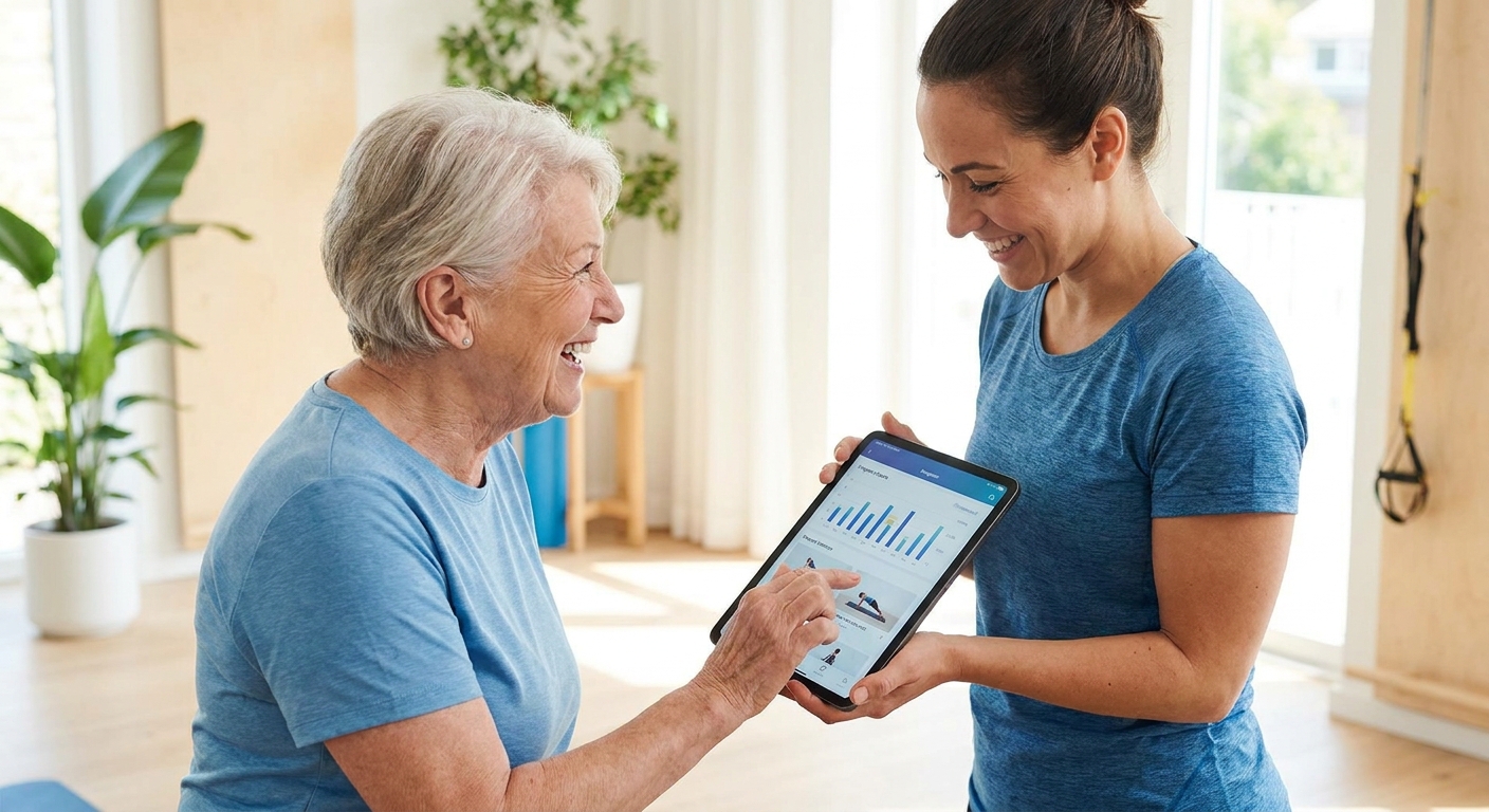 Personal trainer usando aplicativo Millbody ao lado de aluna idosa sorrindo – tecnologia acessível para terceira idade