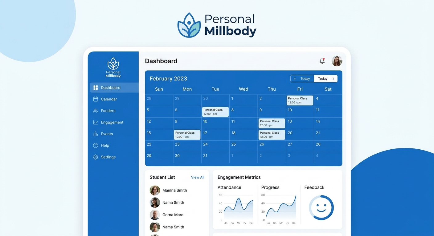 Interface do aplicativo Personal Millbody mostrando gestão de aulas para personal trainer de yoga.