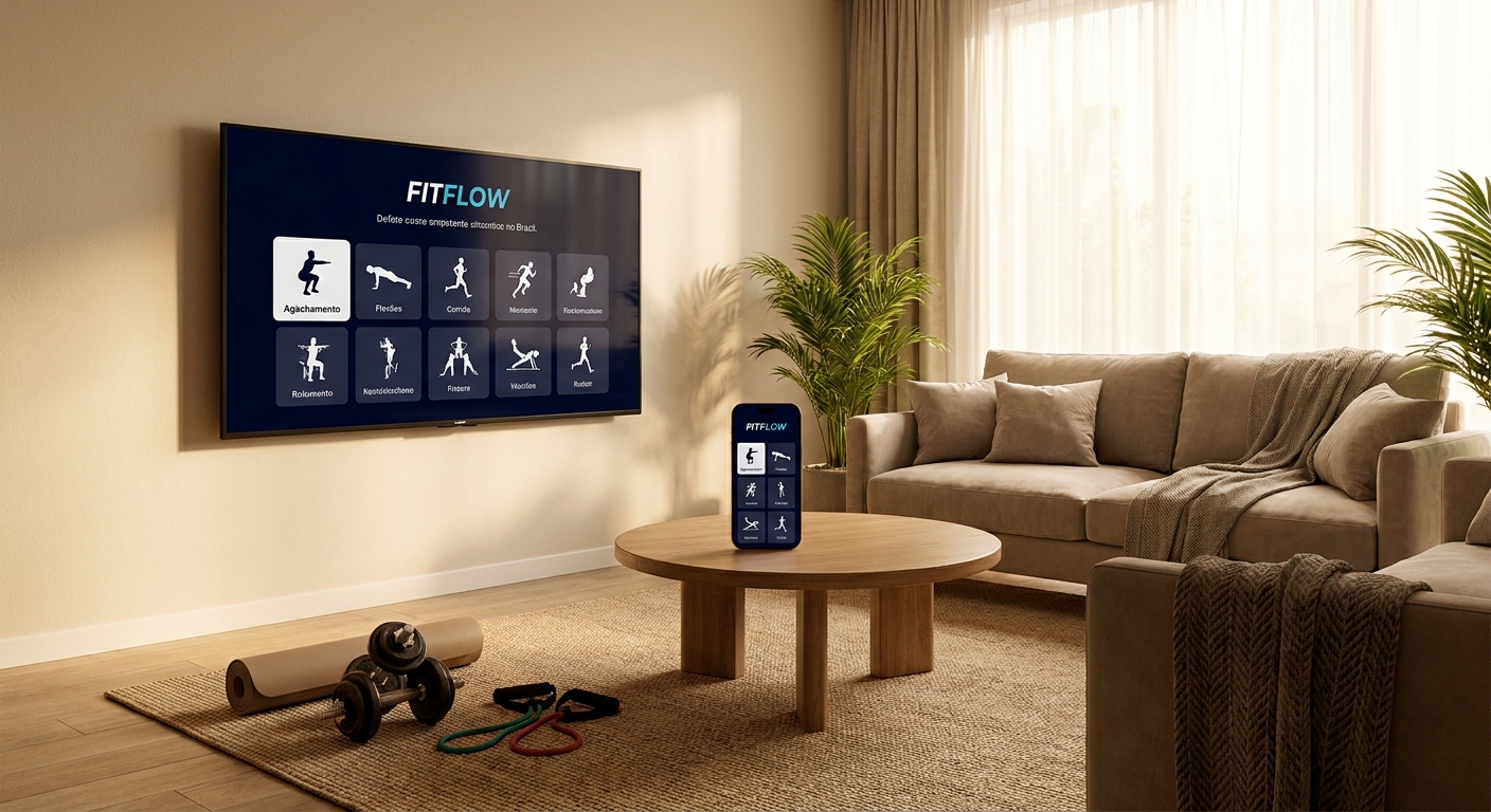 App Personal Millbody rodando em smart TV durante treino de musculação — aluno acompanhando série de exercícios na sala de estar
