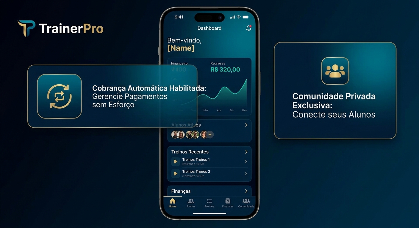 Tela do app Personal Millbody destacando cobrança automática e comunidade privada