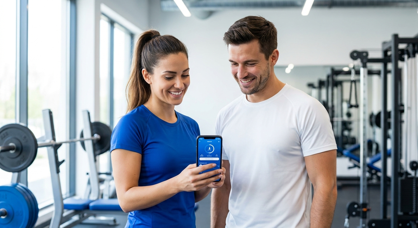 Personal trainer e aluno usando app para personal trainer Personal Millbody na academia