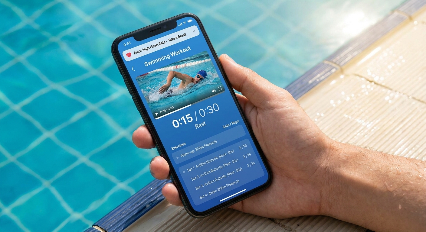 App Personal Millbody mostrando treino de natação com vídeo e alertas para fisioterapeuta esportivo