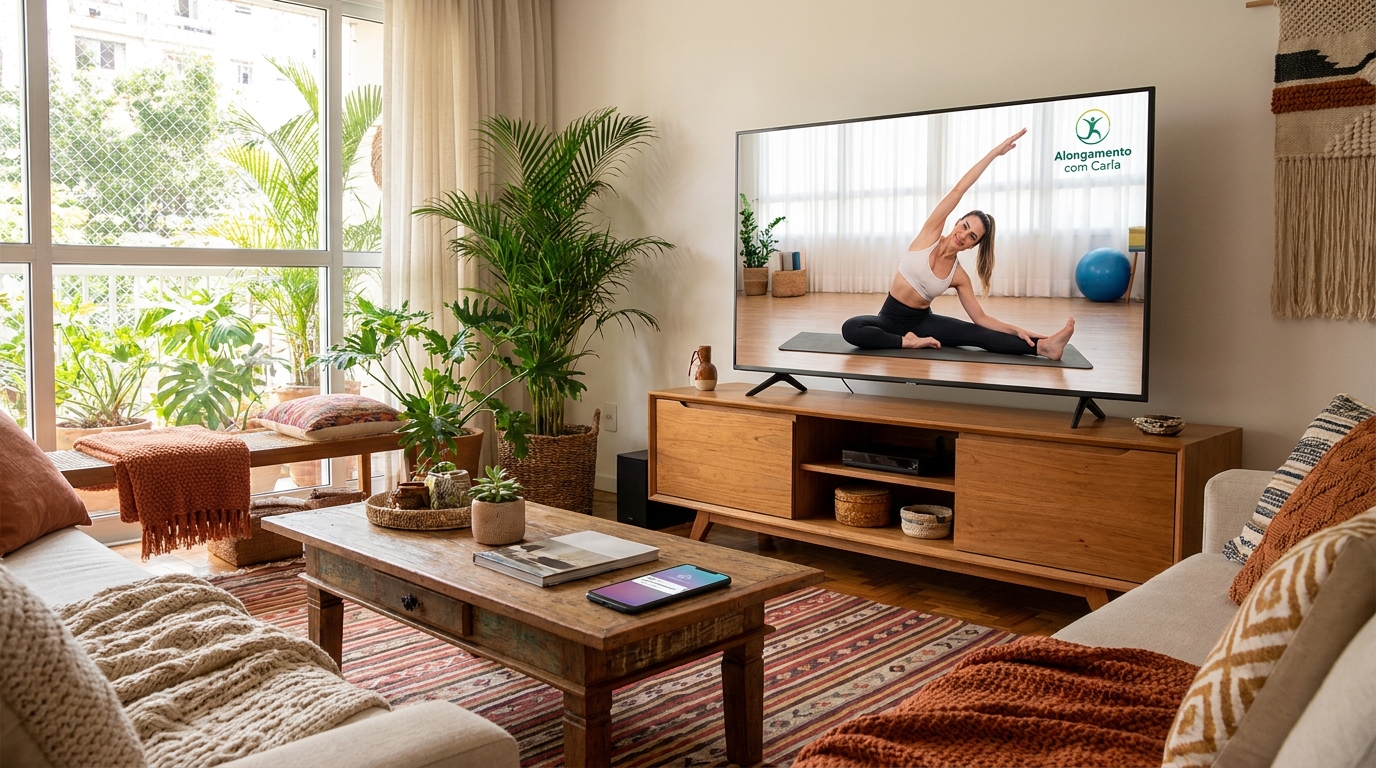 Instrutora de alongamento transmitindo aula na smart TV com app Personal Millbody