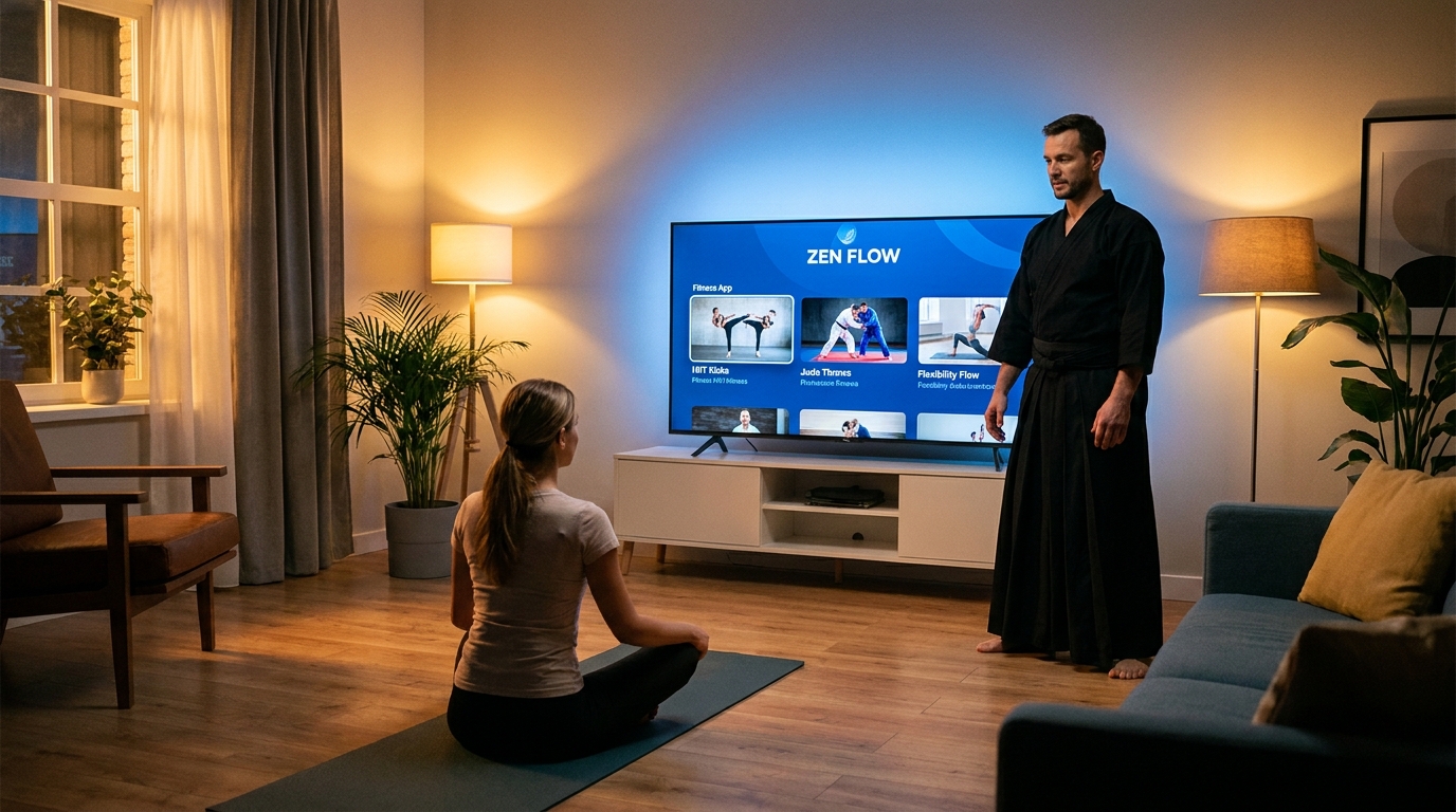 Instrutor de artes marciais ao lado de smart TV exibindo o app Personal Millbody com aulas de Muay Thai e Jiu-Jitsu