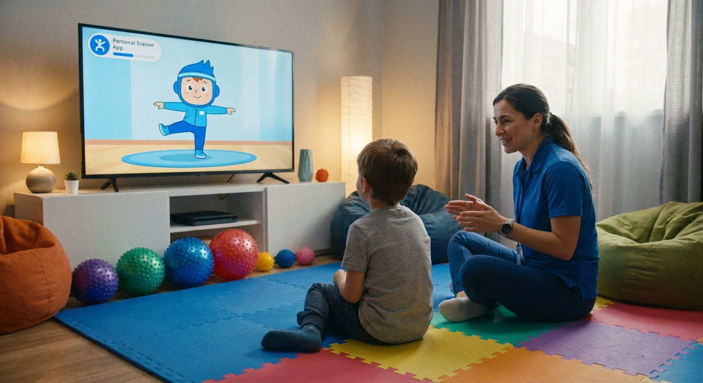 App Personal Millbody na TV guiando criança autista em atividade de coordenação motora com profissional de educação física