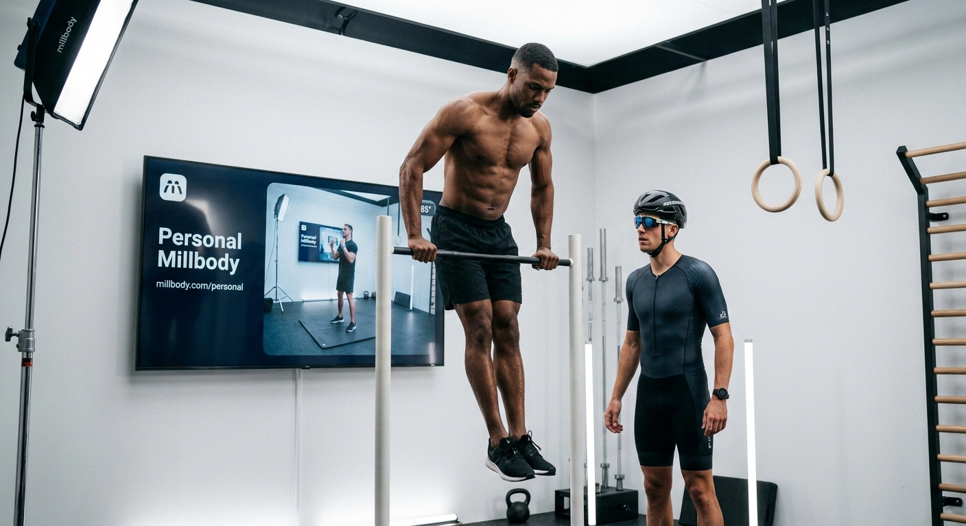 App para TV Personal Millbody – Expansão de marca para instrutores de calistenia Instrutor de calistenia utilizando o app para TV Personal Millbody ao lado de atleta de triathlon em ambiente de treino moderno