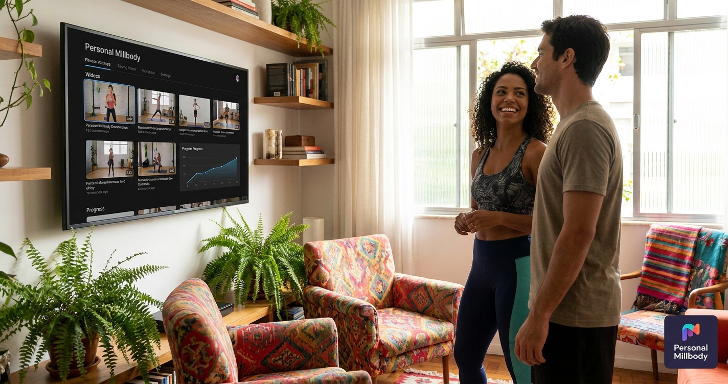 App para TV personal trainer revoluciona o treino em casa Coach de Transformação ao lado de aluno assistindo aula na TV com app Personal Millbody