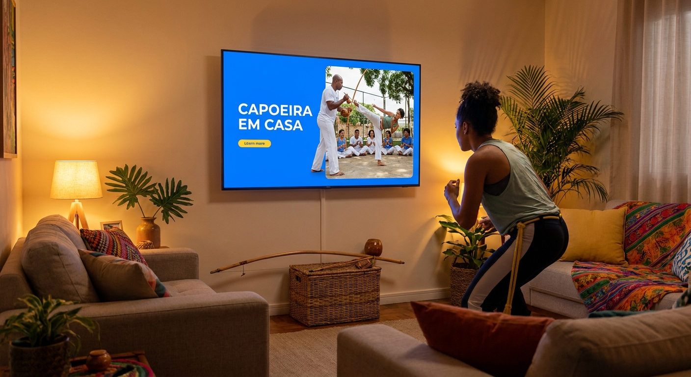Mestre de Capoeira dando aula ao vivo pelo app Personal Millbody na Smart TV, com berimbau e identidade visual azul vibrante
